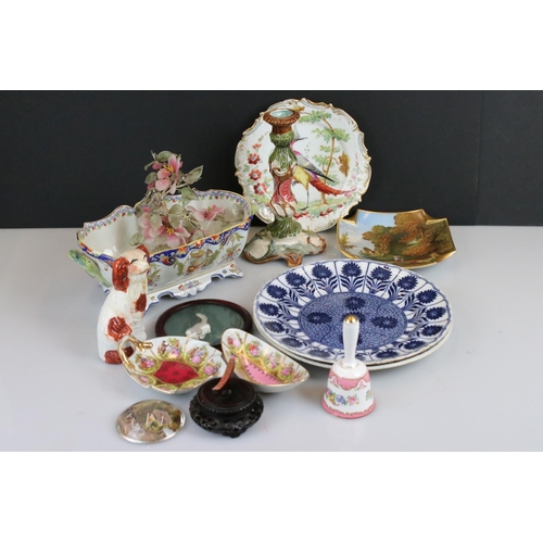 106 - Collection of mixed ceramics to include a Staffordshire dog figure, French Faience twin-handled serv... 