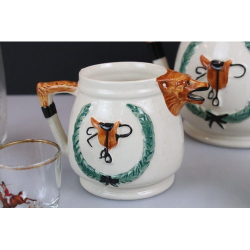 107 - PPC Hunting themed teapot & cover, sugar bowl and milk jug, decorated with relief decoration depicti... 