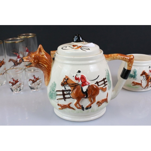 107 - PPC Hunting themed teapot & cover, sugar bowl and milk jug, decorated with relief decoration depicti... 