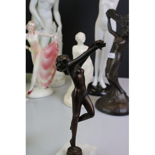 109 - Collection of 12 ceramic and metal figures of nude females, to include Art Deco and classical style ... 