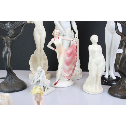 109 - Collection of 12 ceramic and metal figures of nude females, to include Art Deco and classical style ... 