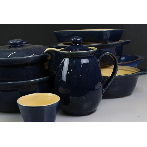 110 - Collection of Denby mottled blue glazed stoneware to include a lidded saucepan, twin handled oval ca... 