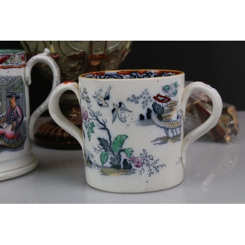 113 - Three 19th century oriental (Chinese) decorated cups / mugs, to include two twin handle loving cups ... 