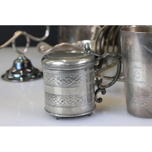 400 - Mixed Lot of Silver Plate and Pewter including Two Mustard Pots with blue glass liners, pierced foot... 