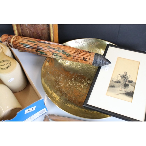 401 - Mixed Lot including Three Stoneware Wine / Spirit Bottles together with Enamel Ladle, Three Picture ... 