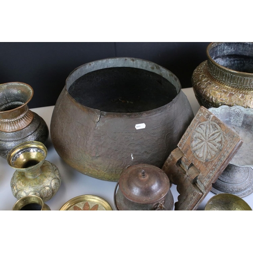 402 - Collection of approximately Twelve Brass, Copper and Metal Pots, Indian / Persian, with relief decor... 