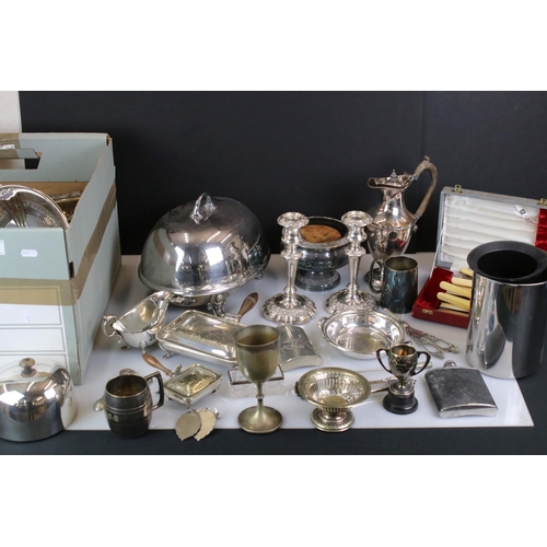 409 - Mixed Lot of Silver Plate including Pair of Candlesticks, Cockerels, Cloche, Lidded Tureens, Hip Fla... 