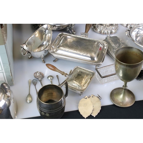 409 - Mixed Lot of Silver Plate including Pair of Candlesticks, Cockerels, Cloche, Lidded Tureens, Hip Fla... 