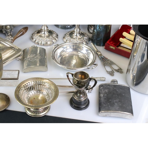 409 - Mixed Lot of Silver Plate including Pair of Candlesticks, Cockerels, Cloche, Lidded Tureens, Hip Fla... 