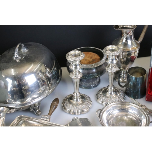 409 - Mixed Lot of Silver Plate including Pair of Candlesticks, Cockerels, Cloche, Lidded Tureens, Hip Fla... 