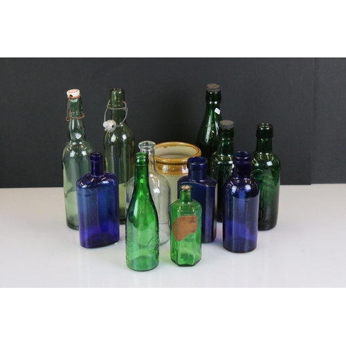 411 - Collection of 19th century and later blue & green glass bottles, to include Ammonia, Joseph Johnson ... 