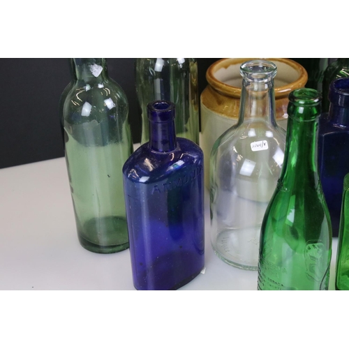 411 - Collection of 19th century and later blue & green glass bottles, to include Ammonia, Joseph Johnson ... 