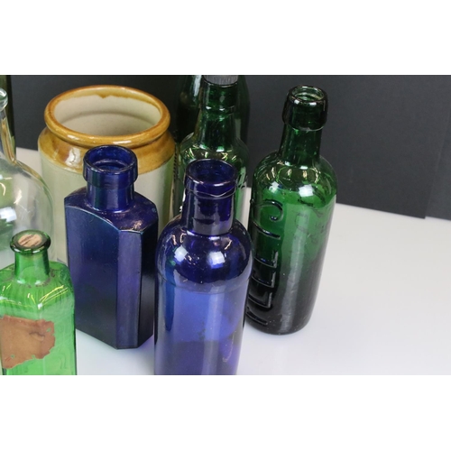 411 - Collection of 19th century and later blue & green glass bottles, to include Ammonia, Joseph Johnson ... 