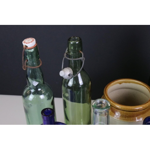 411 - Collection of 19th century and later blue & green glass bottles, to include Ammonia, Joseph Johnson ... 