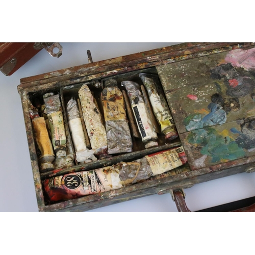 412 - Artist's Equipment - Metal Paint Tin with various part used paints, another metal paints tin, wooden... 