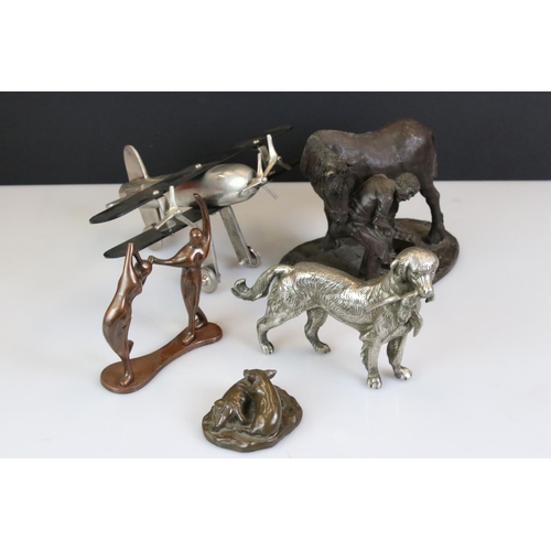 414 - Mixed Lot including Art Deco style Metal Model of a Bi-plane, Heredities model of a Blacksmith and H... 