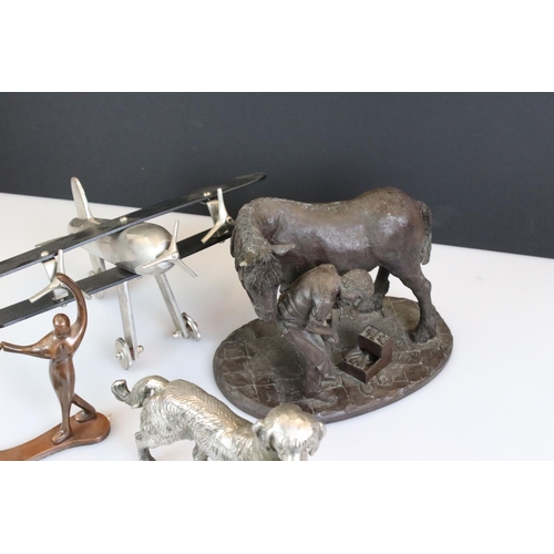 414 - Mixed Lot including Art Deco style Metal Model of a Bi-plane, Heredities model of a Blacksmith and H... 