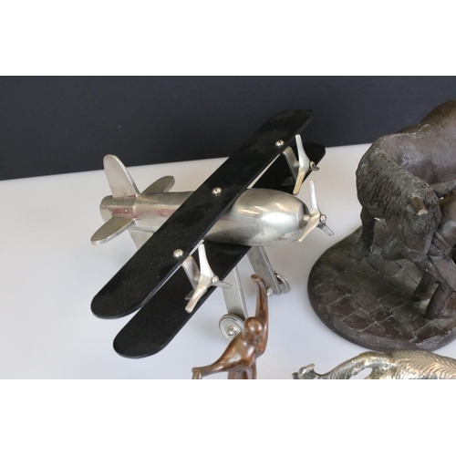 414 - Mixed Lot including Art Deco style Metal Model of a Bi-plane, Heredities model of a Blacksmith and H... 