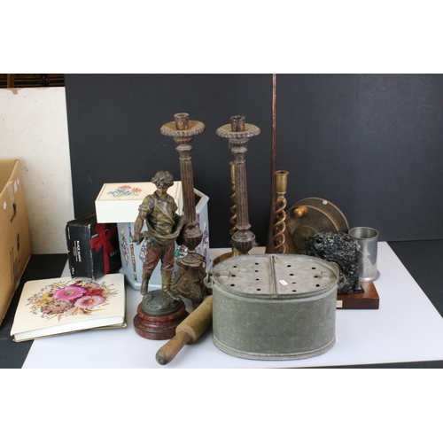 415 - Mixed Lot including a Pair of Wooden Candlesticks, Spelter Figure, Wooden Reel, Slate Framed Clock, ... 