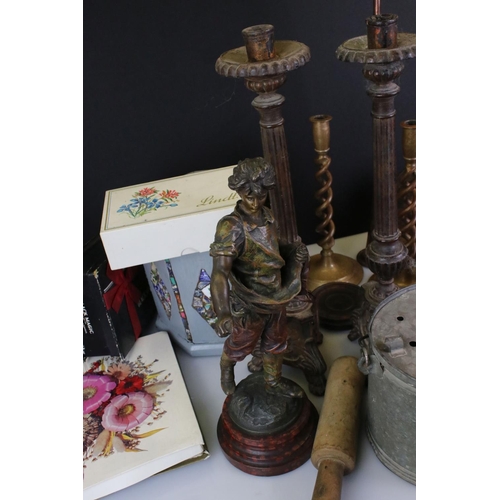 415 - Mixed Lot including a Pair of Wooden Candlesticks, Spelter Figure, Wooden Reel, Slate Framed Clock, ... 