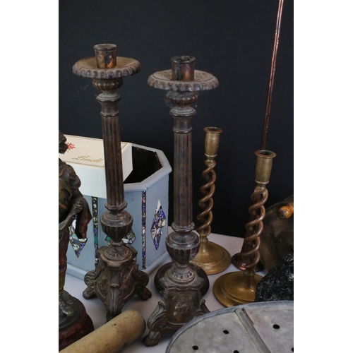 415 - Mixed Lot including a Pair of Wooden Candlesticks, Spelter Figure, Wooden Reel, Slate Framed Clock, ... 