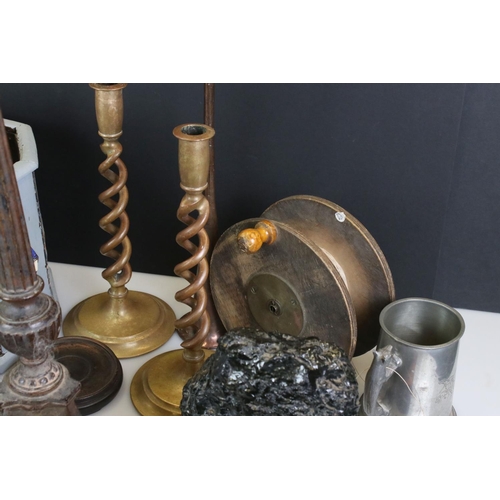 415 - Mixed Lot including a Pair of Wooden Candlesticks, Spelter Figure, Wooden Reel, Slate Framed Clock, ... 