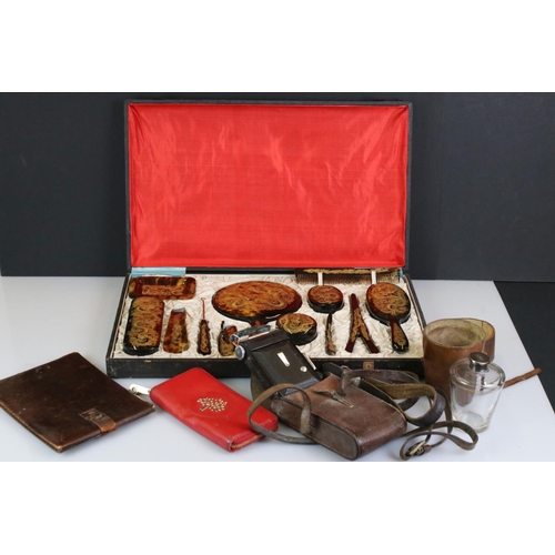 417 - Early 20th century Leather Cased Cylindrical Glass Spirit Flask and Stirrup Cup Set, Mulberry Red Pu... 