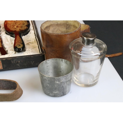 417 - Early 20th century Leather Cased Cylindrical Glass Spirit Flask and Stirrup Cup Set, Mulberry Red Pu... 