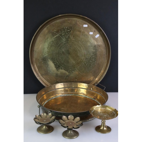 418 - Indian Brass Circular Engraved Tray, 52cm diameter together with Brass Twin Handled Shallow Bowl, 41... 