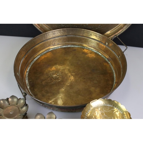 418 - Indian Brass Circular Engraved Tray, 52cm diameter together with Brass Twin Handled Shallow Bowl, 41... 