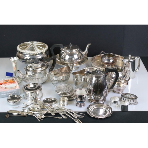 421 - Mixed Lot of Silver Plate including Four Piece Tea Service, Teapot retailed by Harrods, loose cutler... 