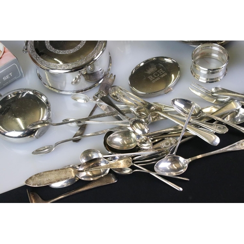 421 - Mixed Lot of Silver Plate including Four Piece Tea Service, Teapot retailed by Harrods, loose cutler... 