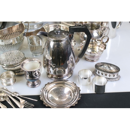 421 - Mixed Lot of Silver Plate including Four Piece Tea Service, Teapot retailed by Harrods, loose cutler... 