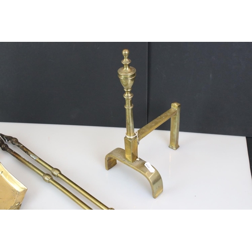 430 - Brass Three Piece Fireside Companion Set together with a Pair of Brass Fire Dogs