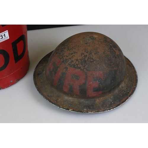 431 - World War II Brodie Fire Helmet together with a Bucket marked Fire MOD