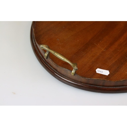 433 - Edwardian Mahogany Inlaid Oval Twin Handled Tray with curved gallery rail, 60cm long