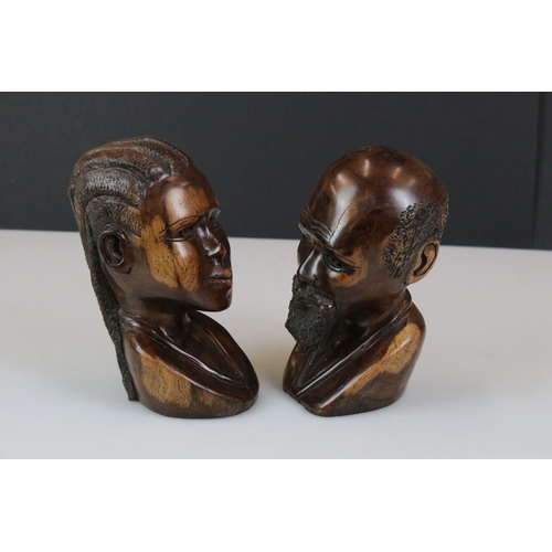 435 - Pair of African Hardwood Carved Busts in the form of a Man and Woman, 19cm high