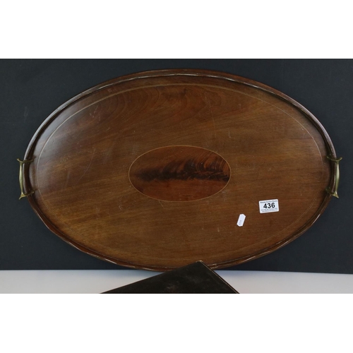 436 - Edwardian Mahogany Inlaid Oval Twin Handled Tray with curved gallery rail, 63cm long together with a... 