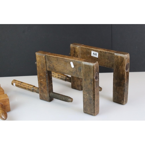 440 - Pair of Early to Mid 20th century Wooden Clamps together with a further two section Wooden Clamp