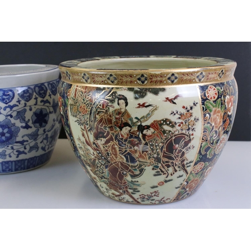 86 - Two Chinese 20th century Fish Bowls / Jardinieres, one decorated with warriors 23cm high and the oth... 