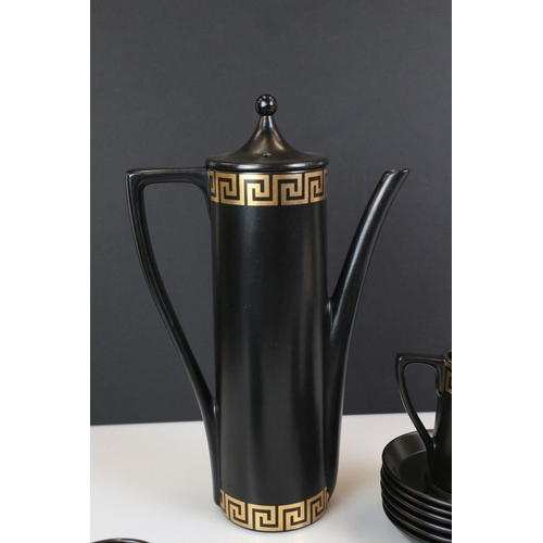 96 - Portmeirion ' Greek Key ' pattern coffee ware on black ground by Susan William Ellis, to include a t... 