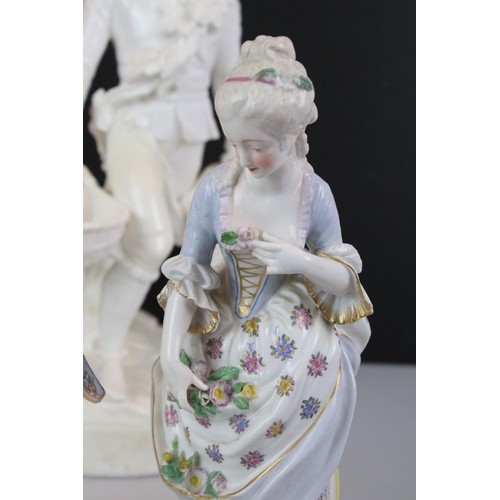 97 - Pair of Chelsea style porcelain figures in 18th century dress with floral and gilt decoration, to in... 