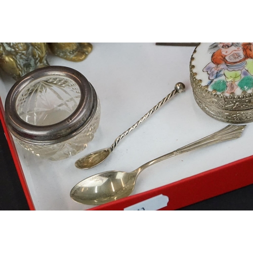 383 - A group of mixed collectables to include a Stanhope, a sterling silver and cut glass salt, prayer wh... 