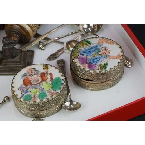 383 - A group of mixed collectables to include a Stanhope, a sterling silver and cut glass salt, prayer wh... 