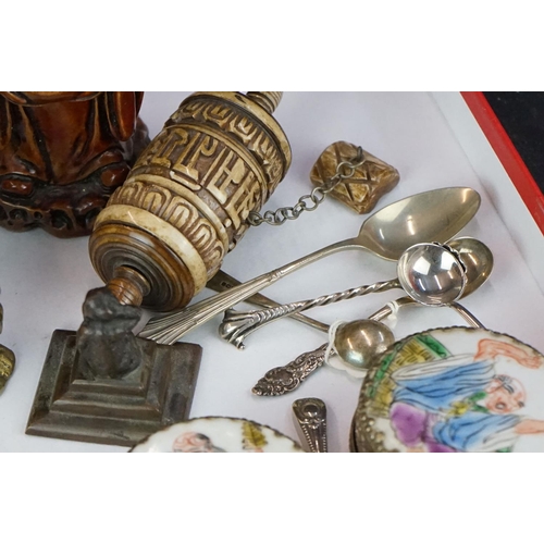 383 - A group of mixed collectables to include a Stanhope, a sterling silver and cut glass salt, prayer wh... 