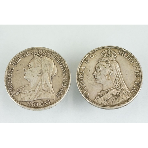 221 - Two Queen Victorian silver full crown coins to include an 1897 and a 1892 example.