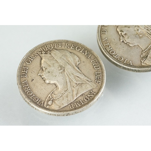 221 - Two Queen Victorian silver full crown coins to include an 1897 and a 1892 example.