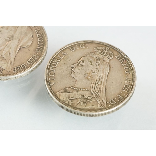 221 - Two Queen Victorian silver full crown coins to include an 1897 and a 1892 example.