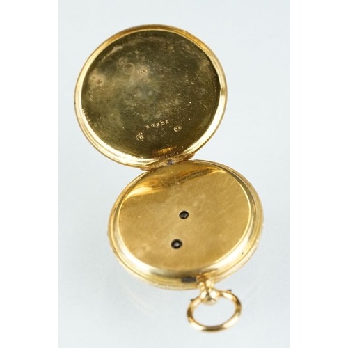 229 - A late 19th / early 20th century 18ct gold cased Swiss made pocket watch together with key.