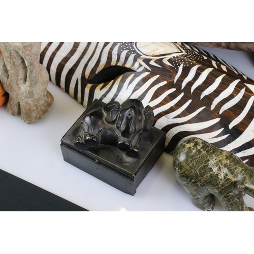 451 - Mixed Lot including Alabaster Footed Bowl, 19th century Writing Slope, Carved Wooden African Animals... 